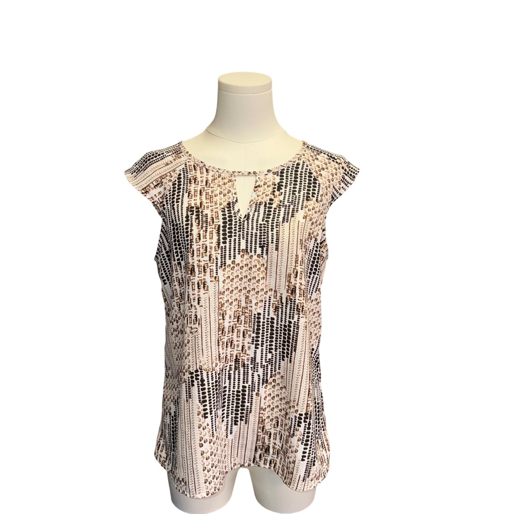 Mezzanine Women Abstract Animal Print Keyhole Tie Back Blouse Tan Black Size M